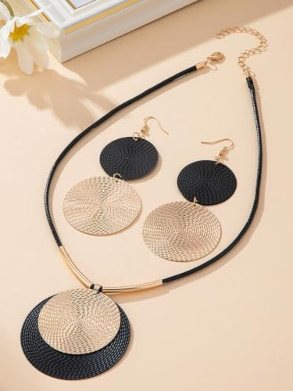Necklace Earrings Set Leather Cord Black Circle Statement Necklaces Geometric